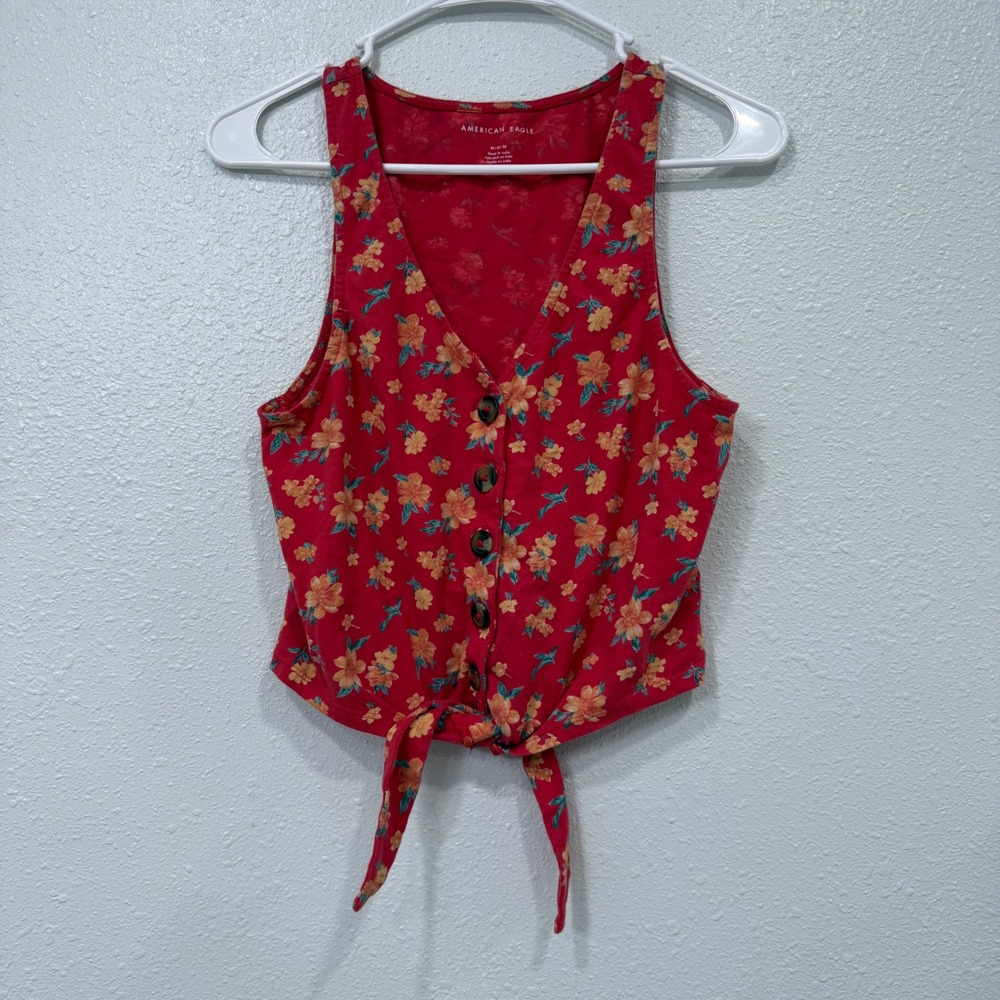 American Eagle Red Floral Tie Front Button Down Sleeveless Crop‎ Top Tank Medium